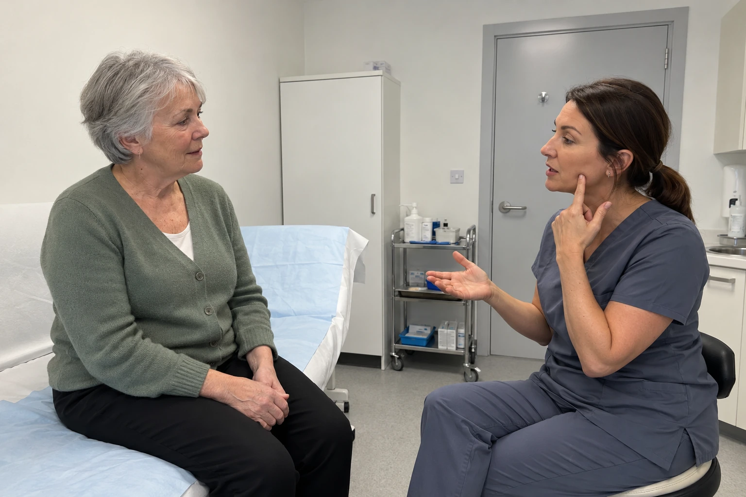 Conversación sobre cuidados de firmeza facial en una clínica genérica